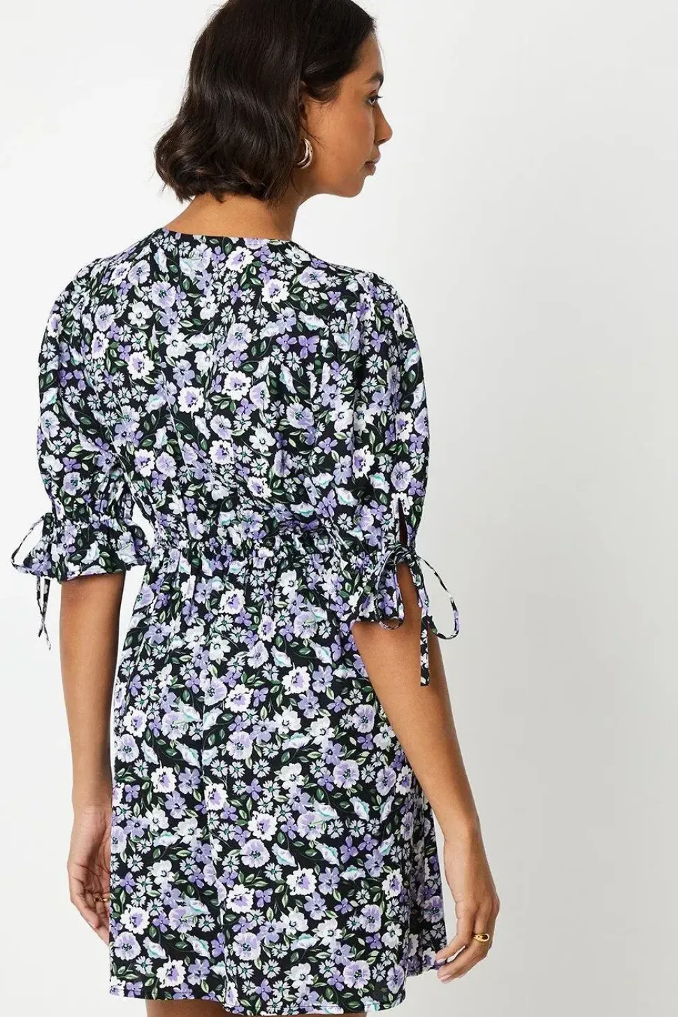 Blue Ditsy Empire Tie Sleeve Mini Dress