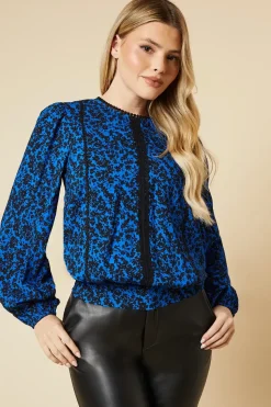 Blue Ditsy Lace Trim Body Long Sleeve Blouse