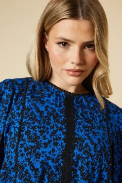 Blue Ditsy Lace Trim Body Long Sleeve Blouse