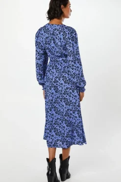 Blue Ditsy Long Sleeve Wrap Midi Dress
