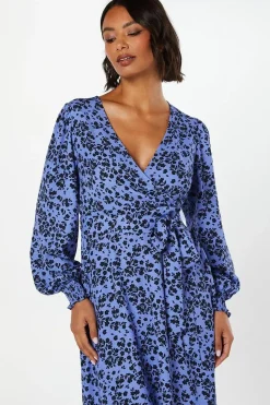 Blue Ditsy Long Sleeve Wrap Midi Dress