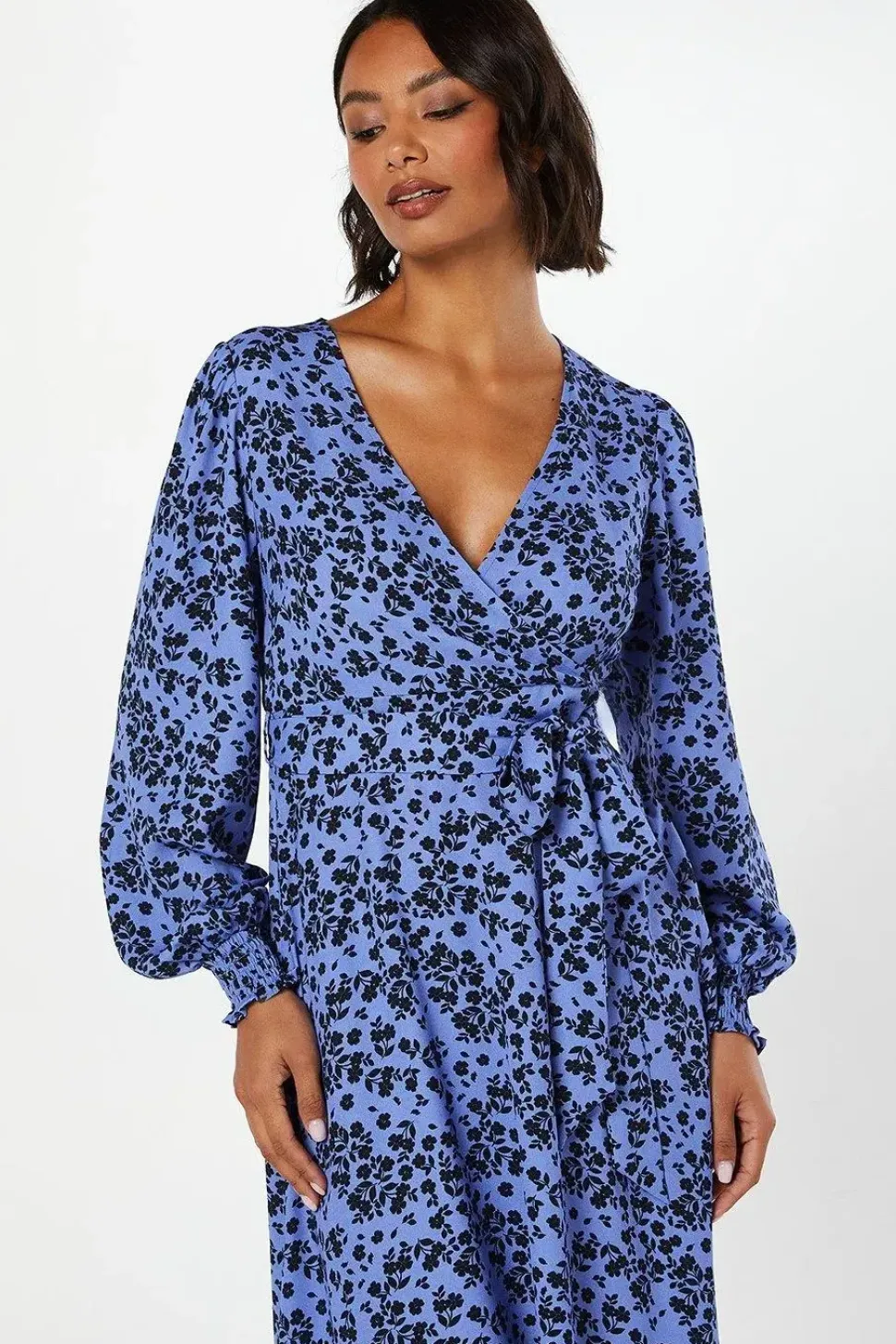 Blue Ditsy Long Sleeve Wrap Midi Dress
