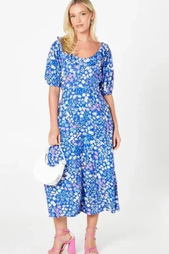 Blue Ditsy Ruffle Midi Dress