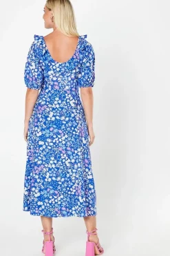 Blue Ditsy Ruffle Midi Dress