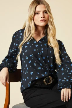Blue Ditsy Shirred Cuff Blouse