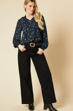 Blue Ditsy Shirred Cuff Blouse