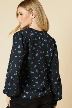 Blue Ditsy Shirred Cuff Blouse