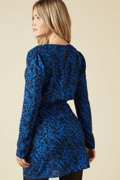Blue Ditsy Wrap Skirt Long Sleeve Mini Dress