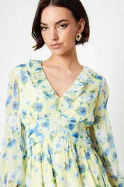 Blue Floral Chiffon Frill Neckline Waisted Mini Dress