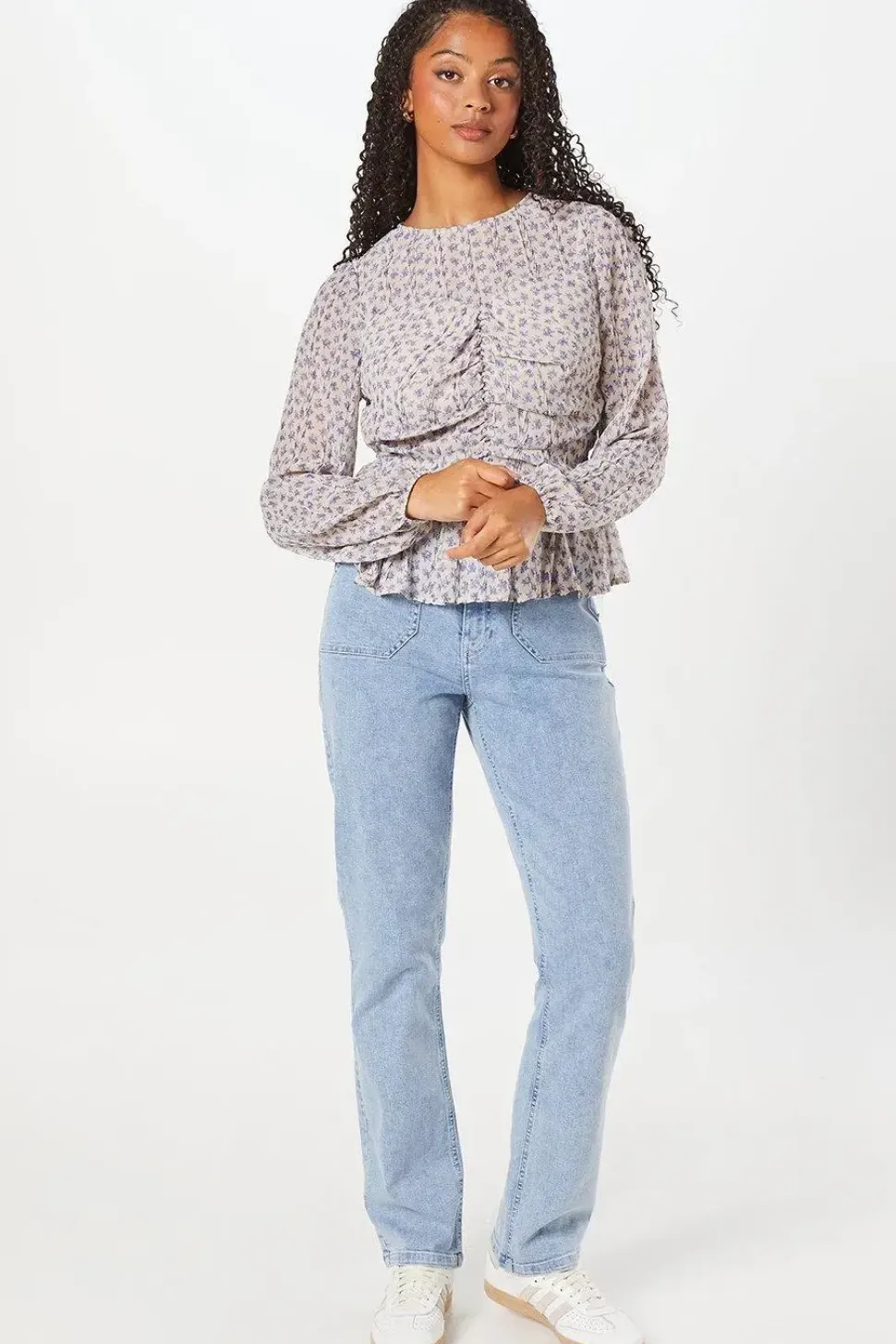 Blue Floral Chiffon Ruched Front Top