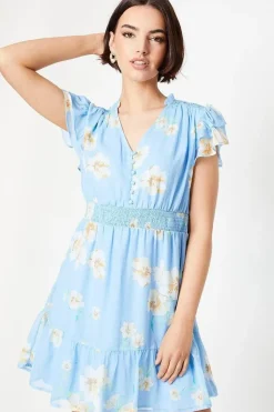 Blue Floral Chiffon Shirred Detail Frill Sleeve Mini Dress