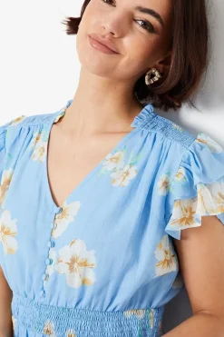 Blue Floral Chiffon Shirred Detail Frill Sleeve Mini Dress