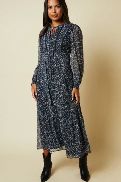 Blue Floral Double Tie Lace Trim Tie Back Shirred Cuff Midi Dress