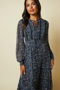 Blue Floral Double Tie Lace Trim Tie Back Shirred Cuff Midi Dress