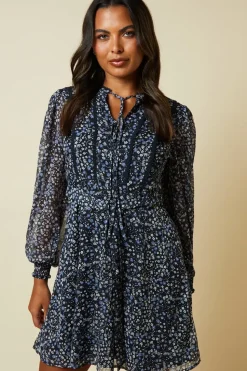 Blue Floral Double Tie Lace Trim Tie Back Shirred Cuff Mini Dress