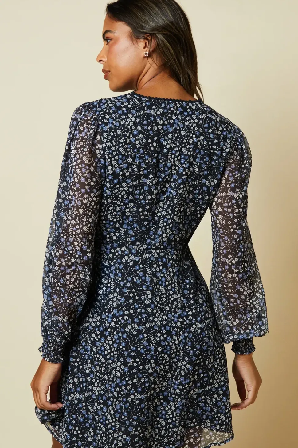 Blue Floral Double Tie Lace Trim Tie Back Shirred Cuff Mini Dress