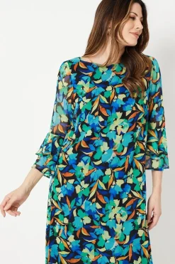 Blue Floral Fluted Sleeve Shift Dress