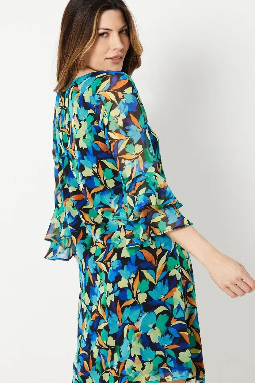 Blue Floral Fluted Sleeve Shift Dress