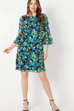 Blue Floral Fluted Sleeve Shift Dress
