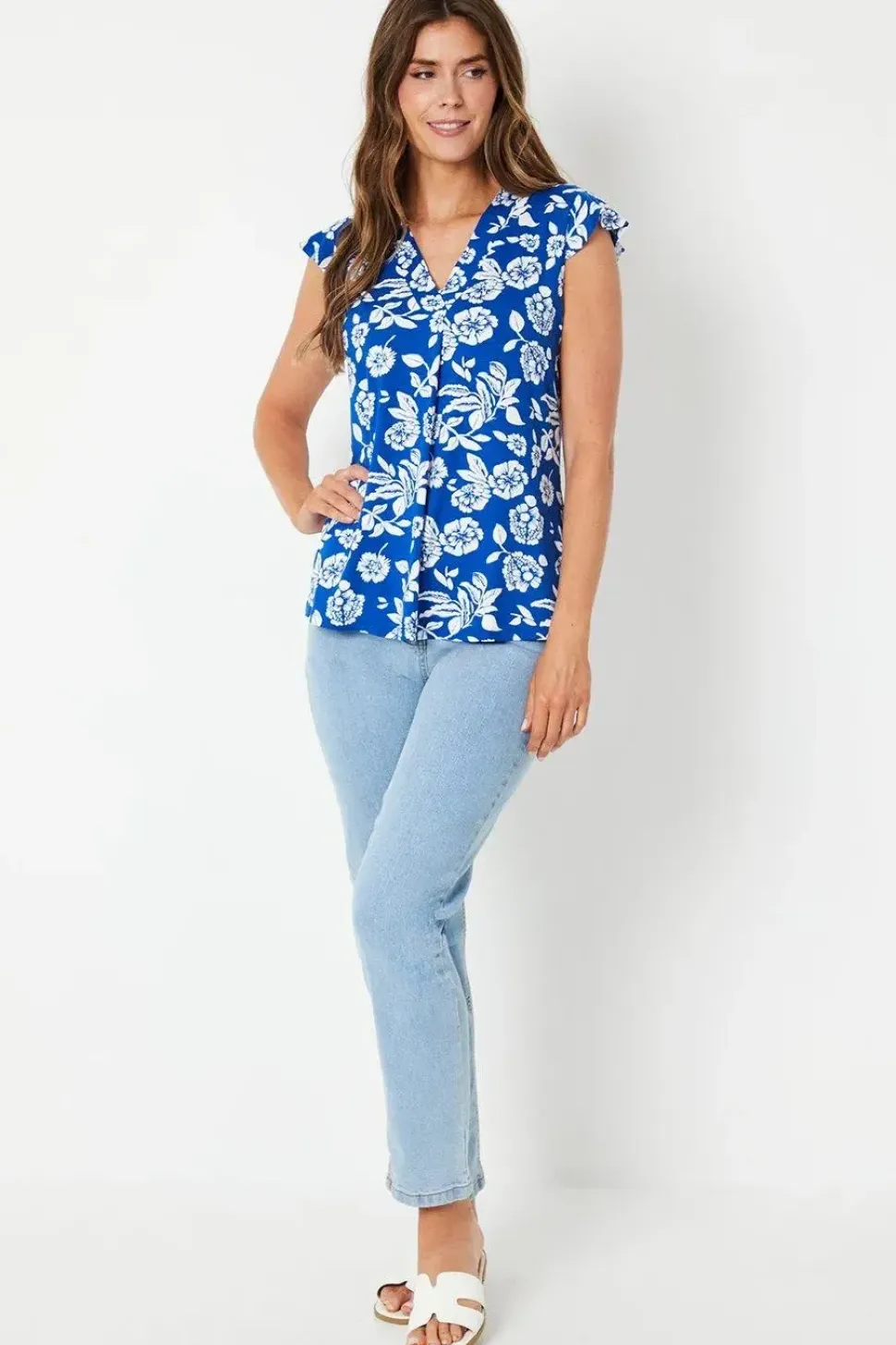 Blue Floral Jersey Sleeveless Frill Top