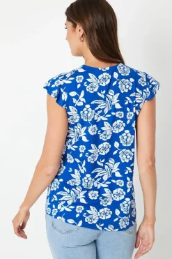Blue Floral Jersey Sleeveless Frill Top