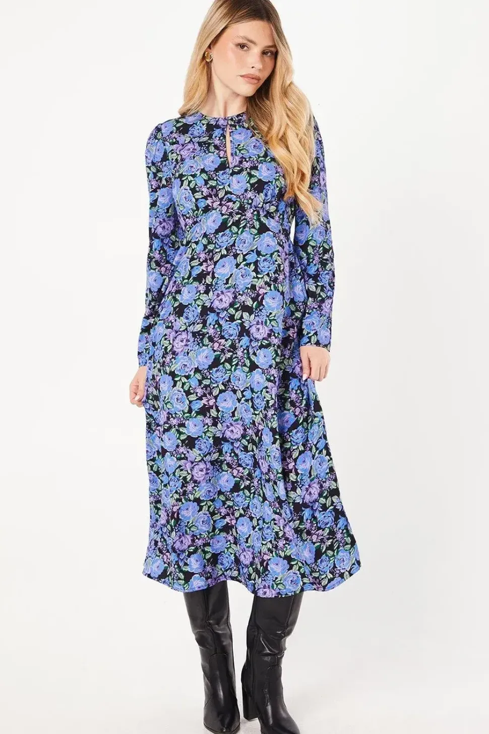 Blue Floral Long Sleeve Keyhole Midi Dress