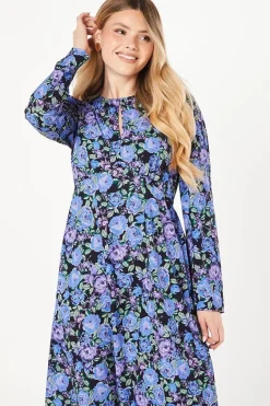 Blue Floral Long Sleeve Keyhole Midi Dress