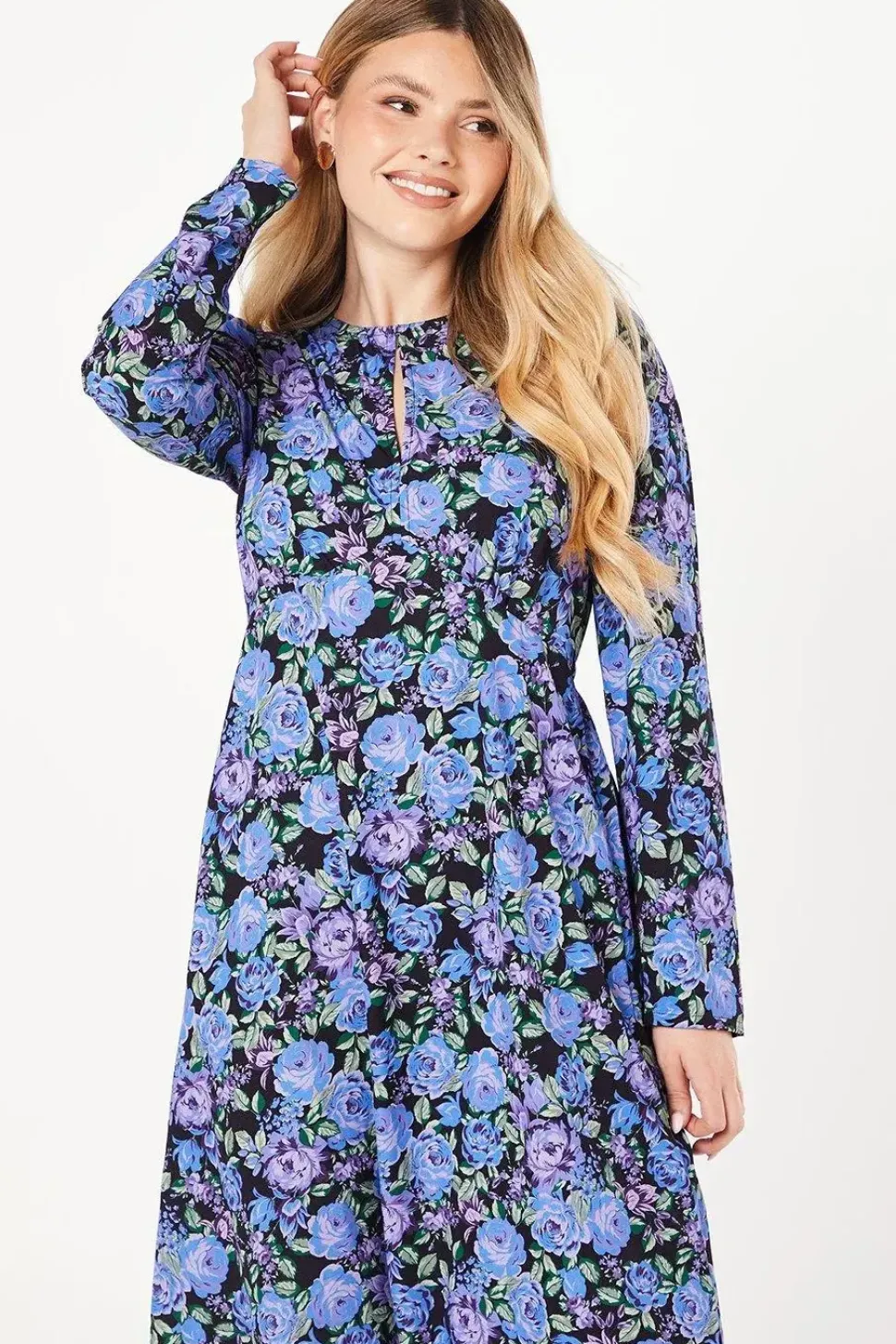 Blue Floral Long Sleeve Keyhole Midi Dress