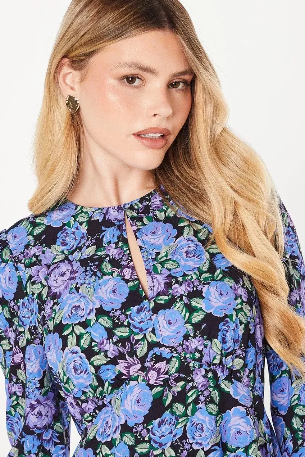 Blue Floral Long Sleeve Keyhole Midi Dress