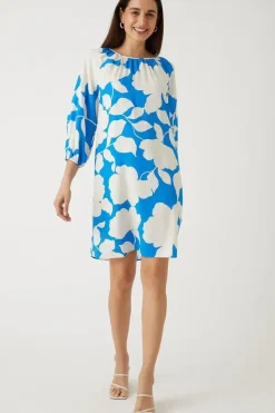 Blue Floral Pleat Detail Shift Dress