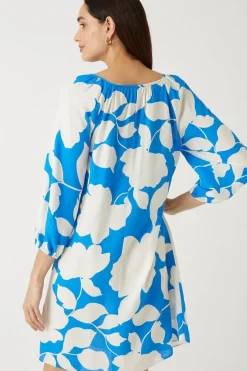 Blue Floral Pleat Detail Shift Dress