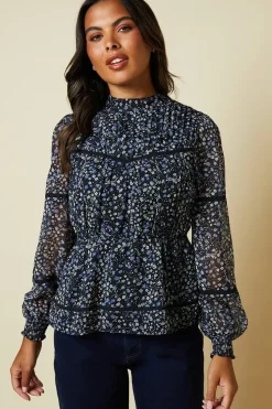 Blue Floral Pleated Yoke Chiffon Long Sleeve Blouse