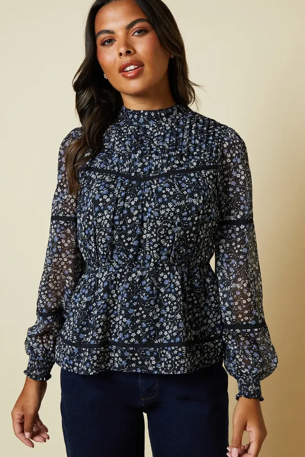 Blue Floral Pleated Yoke Chiffon Long Sleeve Blouse