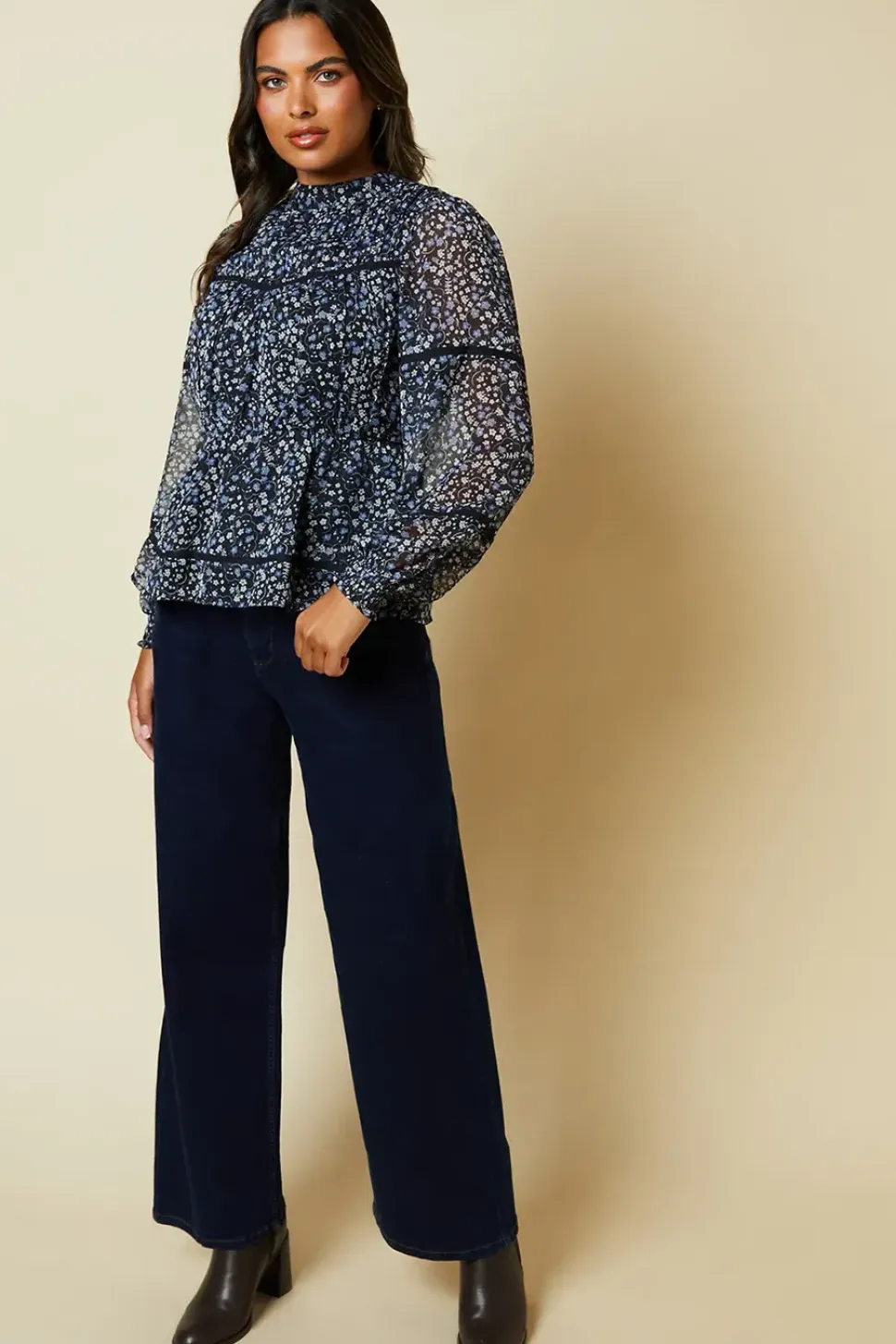 Blue Floral Pleated Yoke Chiffon Long Sleeve Blouse