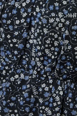 Blue Floral Pleated Yoke Chiffon Long Sleeve Blouse