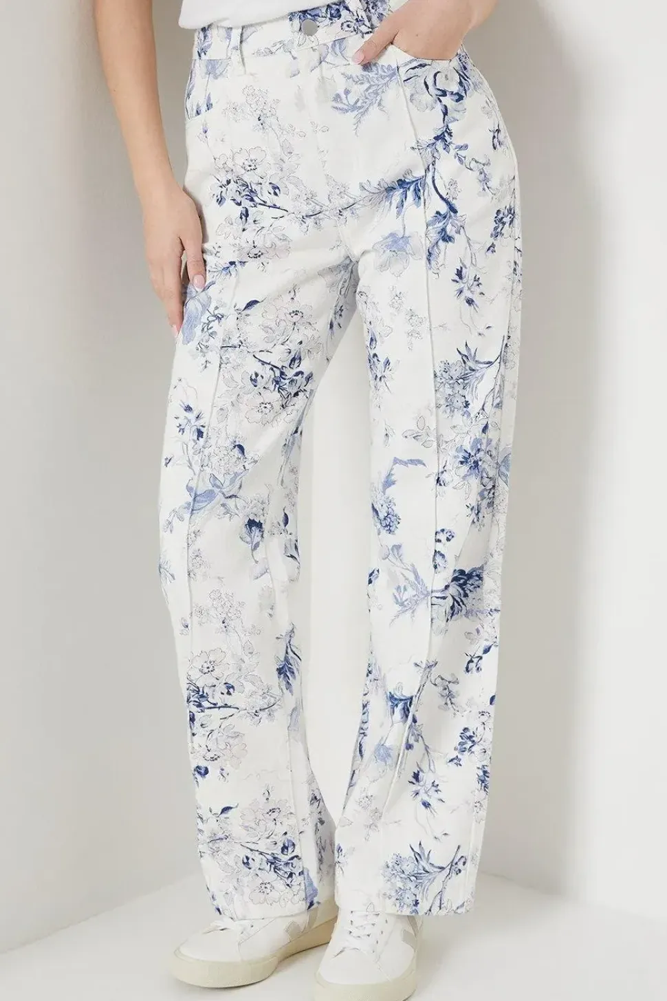 Blue Floral Printed Denim Straight Leg Jean
