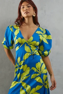 Blue Floral Satin Button Through Volume Sleeve Midi Tea Dress