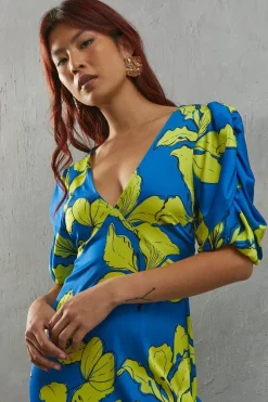 Blue Floral Satin Button Through Volume Sleeve Midi Tea Dress