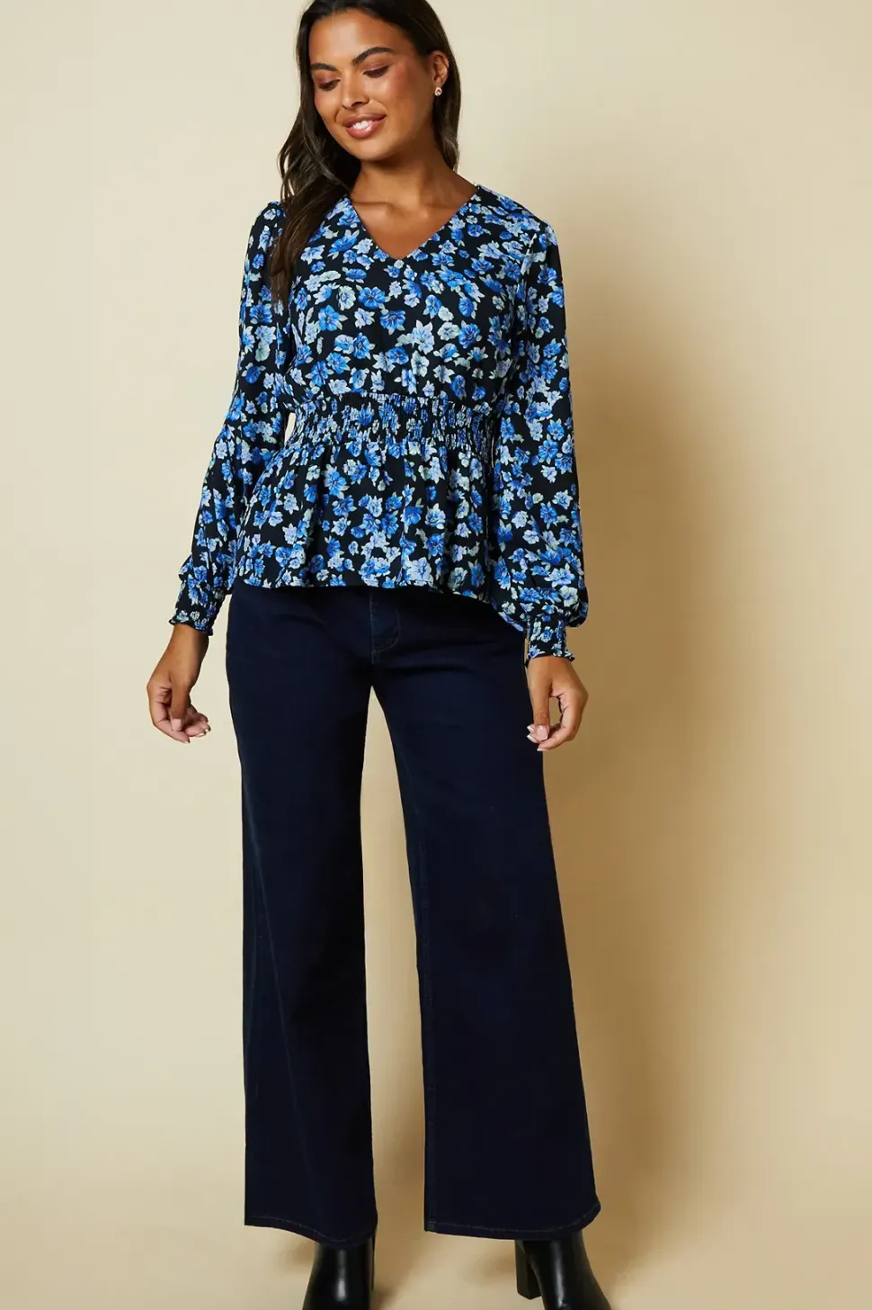 Blue Floral V Neck Shirred Waist Blouse