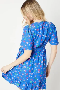 Blue Floral Wrap Tie Side Ruffle Hem Mini Dress