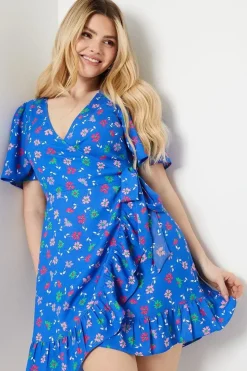 Blue Floral Wrap Tie Side Ruffle Hem Mini Dress
