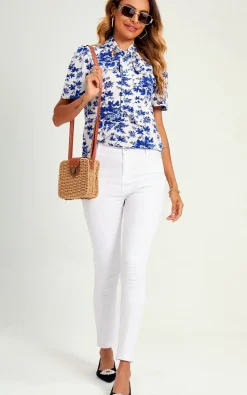 Blue Flora Print Pussybow Blouse In White