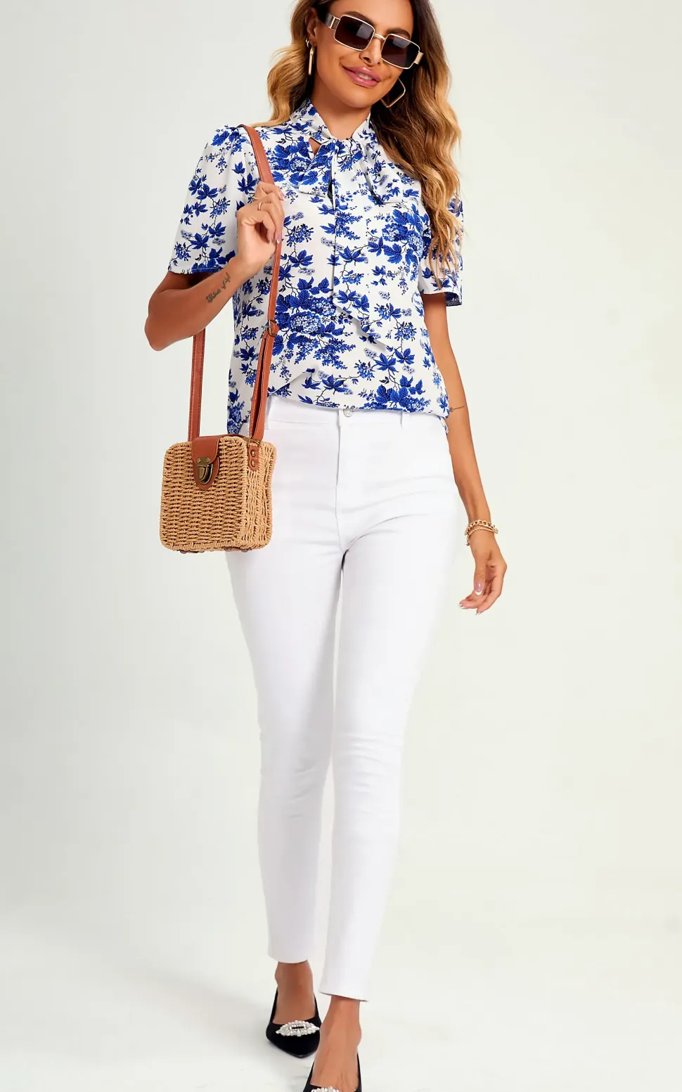 Blue Flora Print Pussybow Blouse In White