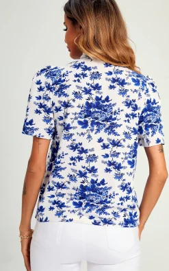 Blue Flora Print Pussybow Blouse In White