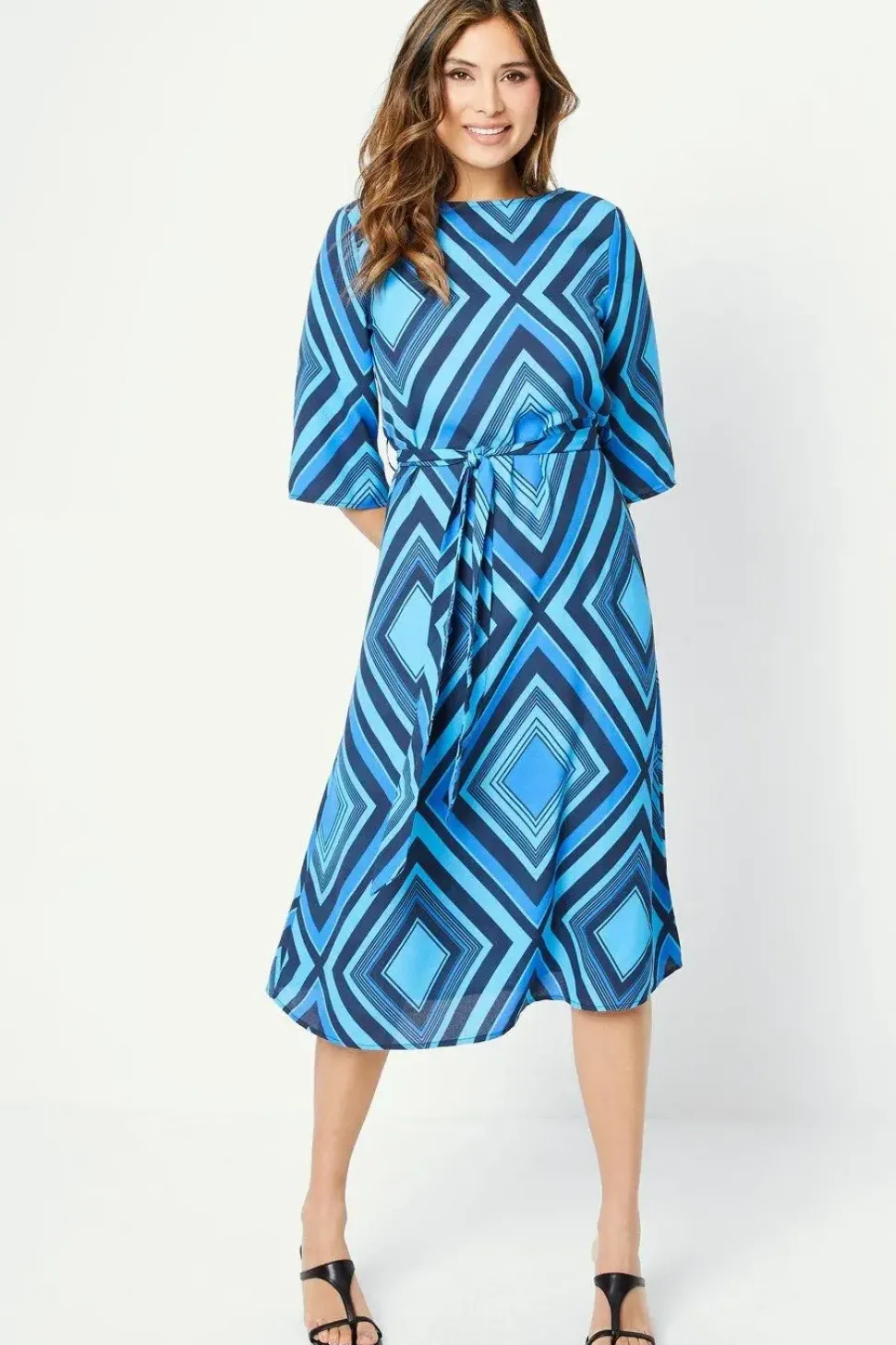 Blue Geo Belted Midi Dress