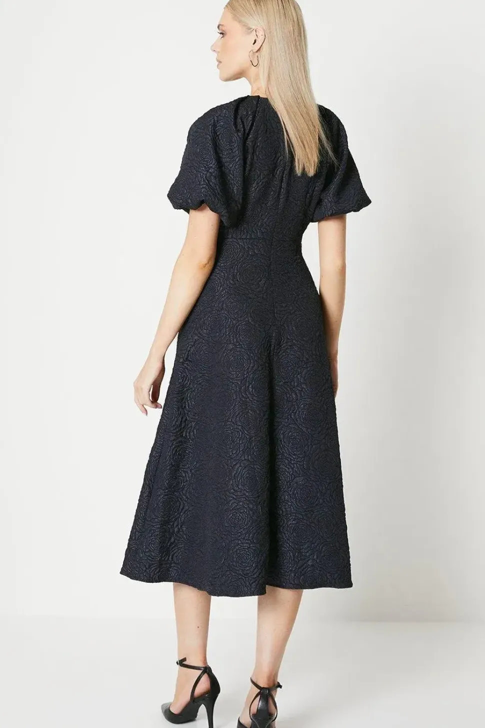 Blue Jacquard Puff Sleeve Midi Dress