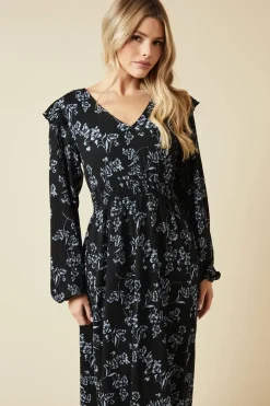 Blue Large floral Frill Shoulder Shirred Waist Long Sleeve Midi Dress
