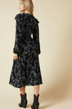 Blue Large floral Frill Shoulder Shirred Waist Long Sleeve Midi Dress