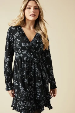 Blue large floral Ruffle wrap long sleeve mini dress