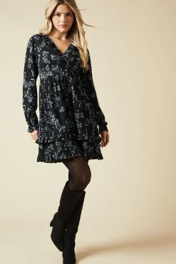 Blue large floral Ruffle wrap long sleeve mini dress